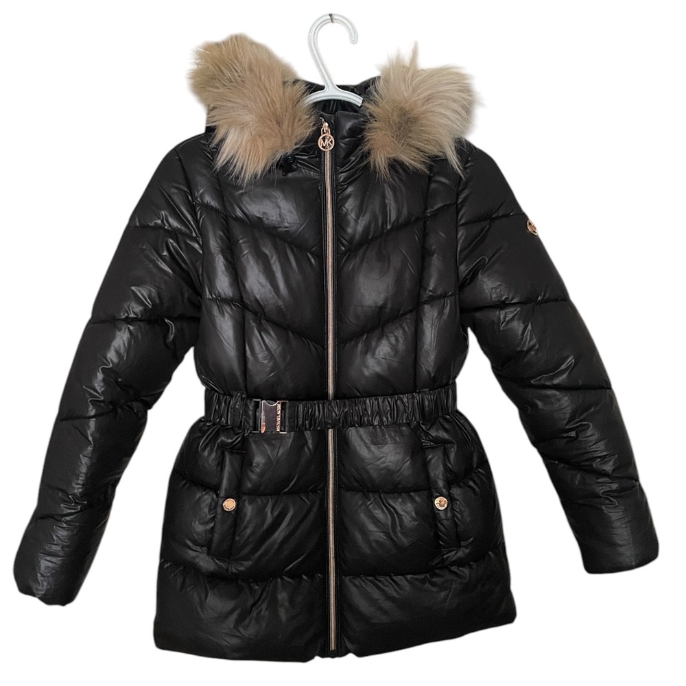 Michael Kors Girl's Faux Fur-Trim Belted Stadium Puffer Jacket (rate9/10) size14